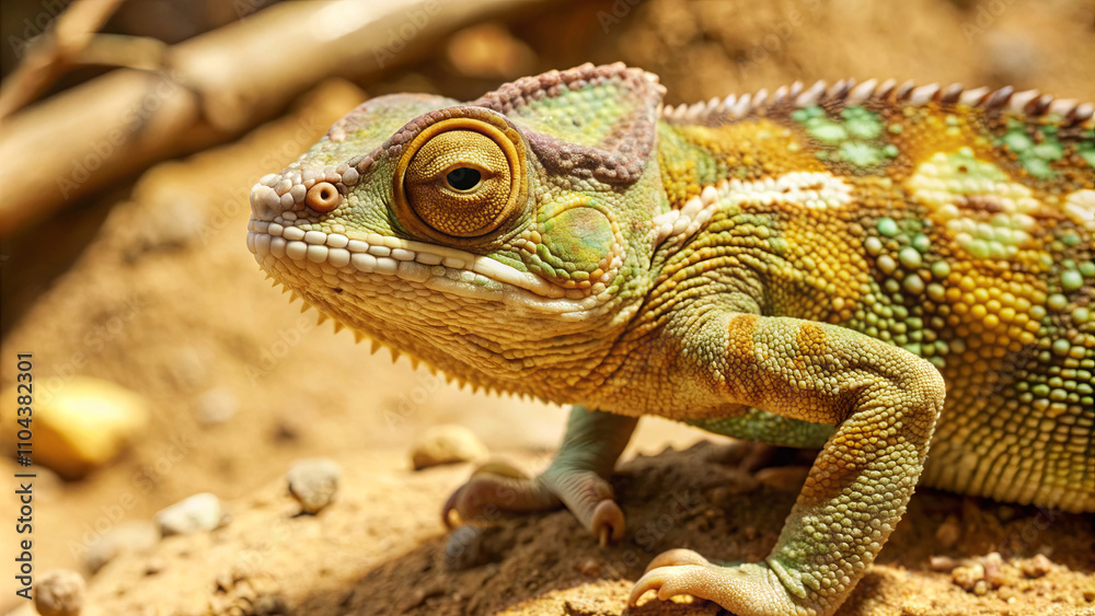 Fototapeta premium A vibrant chameleon rests on a rock, displaying its unique patterns and colors. Sunlight highlights its skin as it enjoys the warmth in a natural outdoor setting