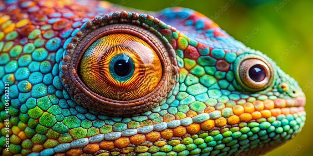 Obraz premium A vibrant chameleon rests on a branch, displaying its striking, multicolored skin with intricate patterns. The large, animated eyes add to the interest, highlighting its natural habitat