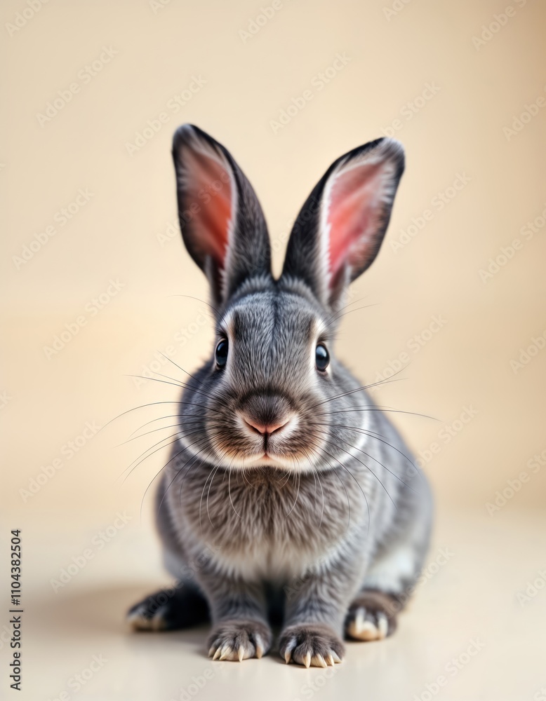 Cute gray rabbit sits on plain white background. Adorable pet portrait. Perfect for kids products, animal lovers, Easter, spring theme, pet care. Focus on fluffy fur, adorable expression. Photo for Cute gray rabbit sits on plain white background. Adorable pet portrait. Perfect for kids products, animal lovers, Easter, spring theme, pet care. Focus on fluffy fur, adorable expression. Photo for