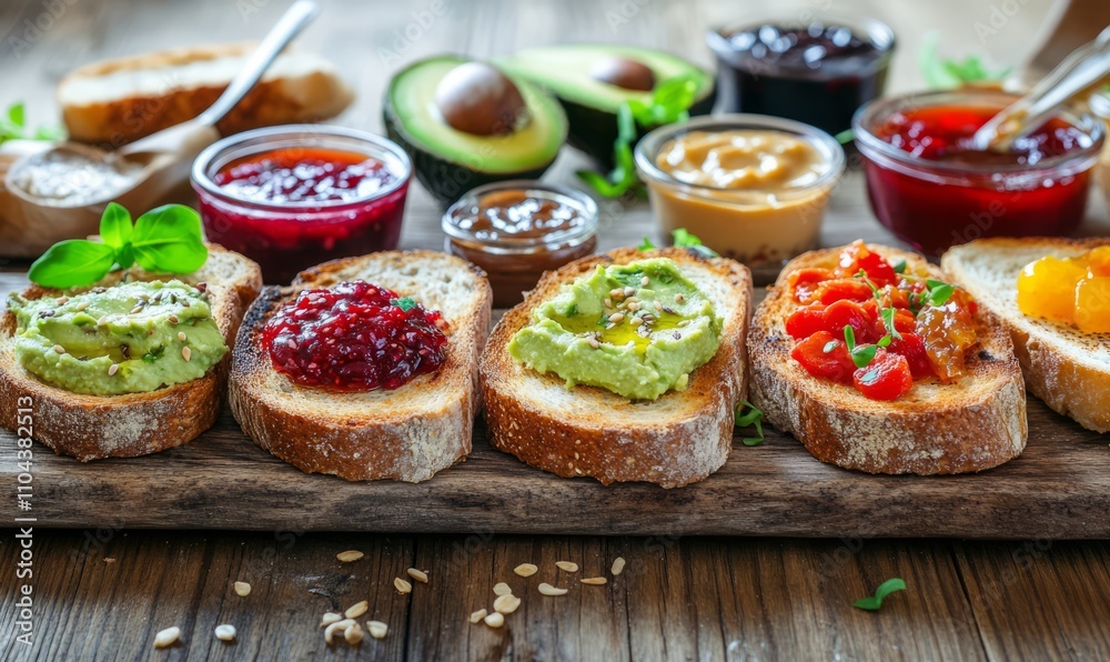 A rustic wooden table set with perfectly toasted slices of bread, adorned with colorful spreads like avocado, hummus, and various jams, inviting a delightful breakfast experience A rustic wooden table set with perfectly toasted slices of bread, adorned with colorful spreads like avocado, hummus, and various jams, inviting a delightful breakfast experience