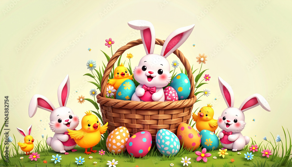 Obraz premium Cute Easter bunnies and chicks with colorful eggs in a basket