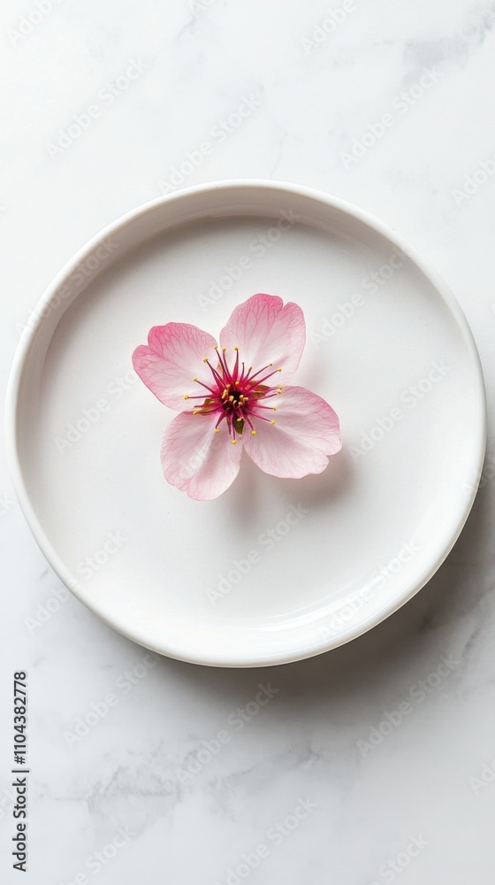 春のデザインのための白い皿の上にピンクの花を描いたミニマリストな空中写真 春のデザインのための白い皿の上にピンクの花を描いたミニマリストな空中写真