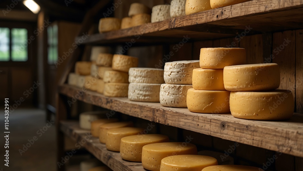 Cheese wheels aging on wooden shelves in a creamery. Cheese wheels aging on wooden shelves in a creamery.