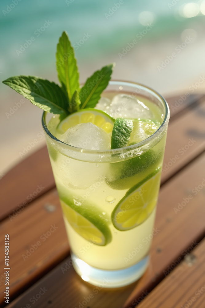 highball glass with mojito cocktail with ice and lime slices on a wooden table near a sandy beach. highball glass with mojito cocktail with ice and lime slices on a wooden table near a sandy beach.
