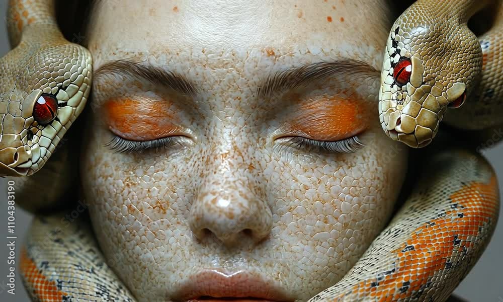 A close-up of a serene face with orange eyeshadow, surrounded by a coiled snake, blending beauty and nature.