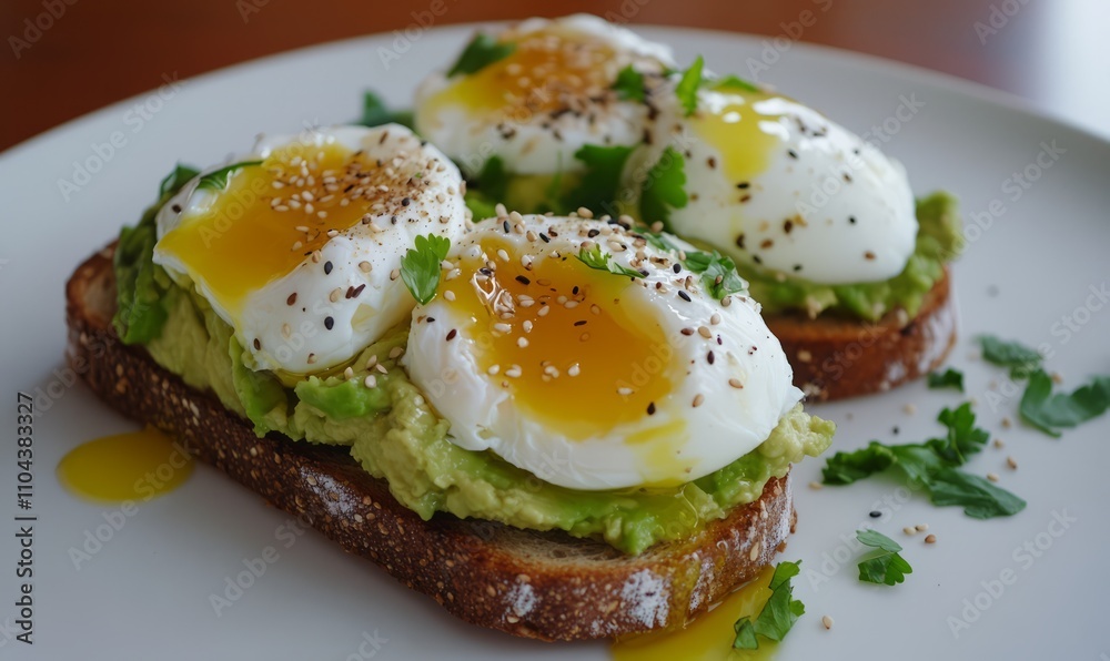 A simple yet elegant display of whole-grain toast topped with smashed avocado and poached eggs, garnished with sesame seeds and fresh herbs for a nutritious start to the day A simple yet elegant display of whole-grain toast topped with smashed avocado and poached eggs, garnished with sesame seeds and fresh herbs for a nutritious start to the day