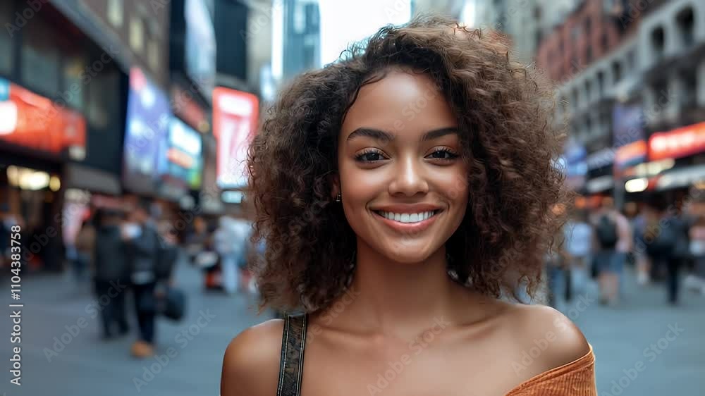 Young attractive woman with curly hair, happily smiling in a casual outdoor setting.
