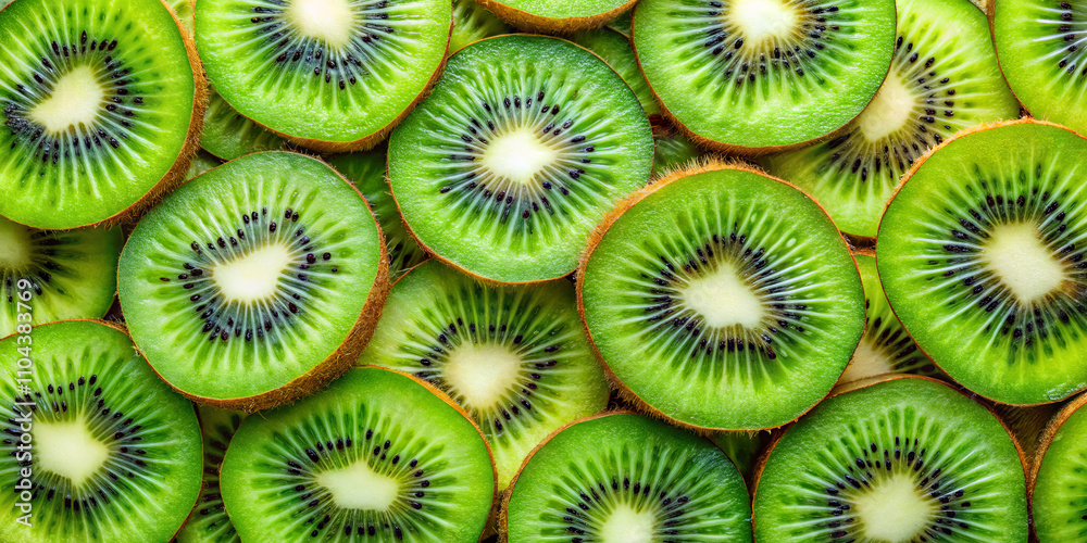 Bright green kiwi slices are arranged closely together, highlighting their intricate patterns and texture. The richness of their color and unique seeds create an appealing display Bright green kiwi slices are arranged closely together, highlighting their intricate patterns and texture. The richness of their color and unique seeds create an appealing display