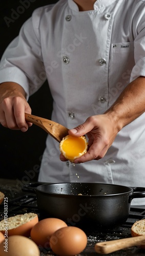Chef breaking an egg for frying or scrambling in a pan.