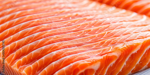 Bright orange salmon fillets are arranged in parallel lines on a wooden cutting board at a seafood market, highlighting their freshness and quality, perfect for cooking photo