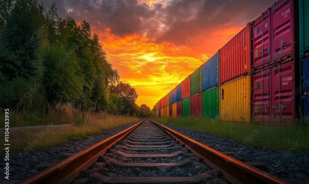 Obraz premium Sunset Over Railway Tracks Lined With Colorful Shipping Containers in a Serene Landscape