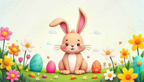 Cute Easter bunny with colorful eggs and spring flowers