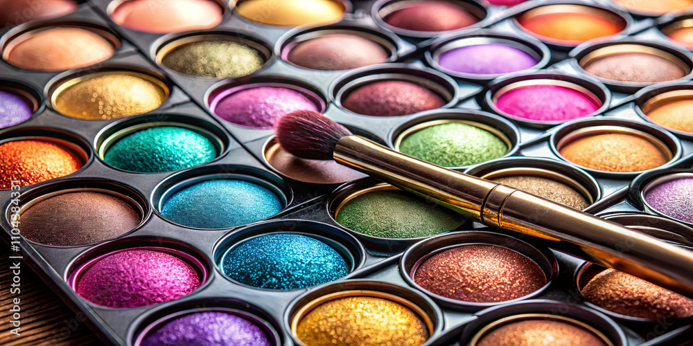 Naklejka premium A vibrant eyeshadow palette displays a variety of colorful shades, while a makeup brush rests beside it on a wooden surface, ready for application