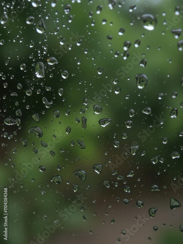 A close-up image of raindrops on a window, creating a natural weather texture, water, glass