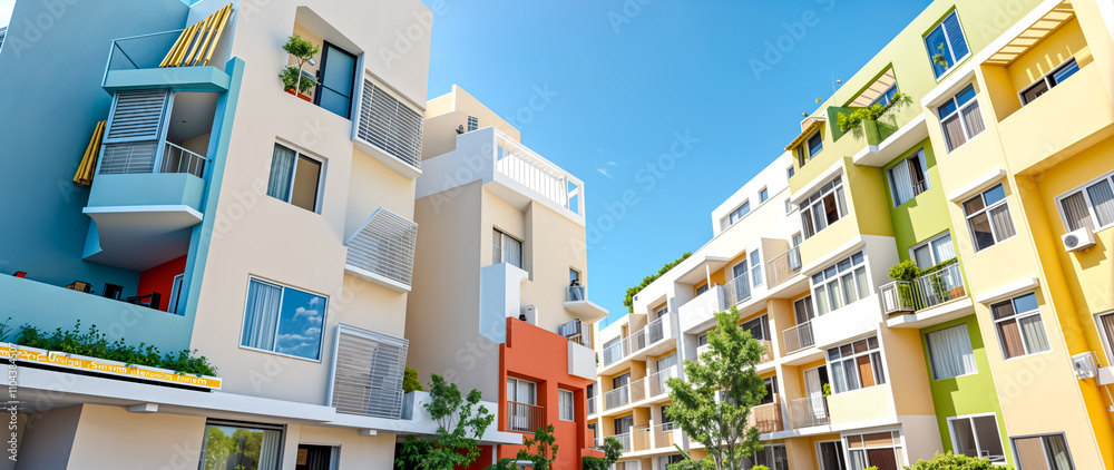 Modern Colorful Apartment Buildings with Balconies and Green Plants. Urban Architecture, Residential Real Estate, City Living. Modern Colorful Apartment Buildings with Balconies and Green Plants. Urban Architecture, Residential Real Estate, City Living.