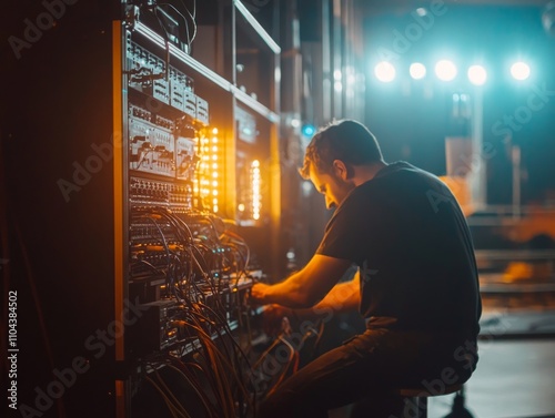 A dedicated stage technician adjusts sound equipment and organizes cables under vibrant stage lights, ensuring everything is set for a successful live performance photo
