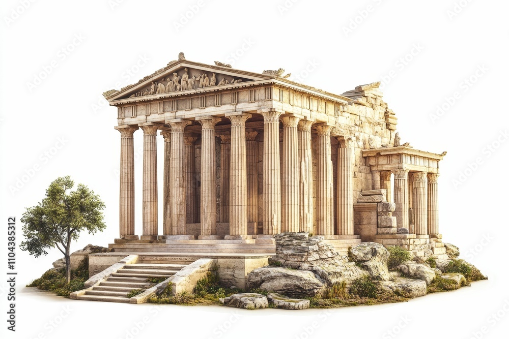 Ancient stone temple ruins, columns, tree, rocks. Ancient stone temple ruins, columns, tree, rocks.