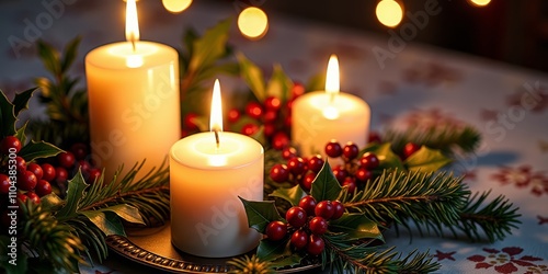 Christmas candles with holly and pine branches
