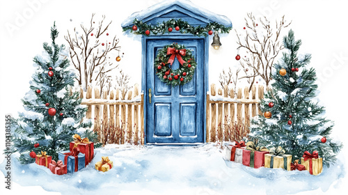 Home decoration set in the winter with a Christmas wreath on the door. Art vector illustration painted with watercolors on a white background