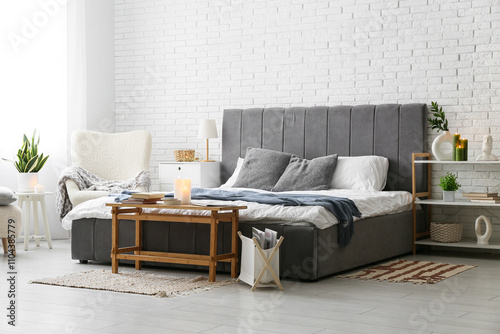 Interior of bedroom with bo...
