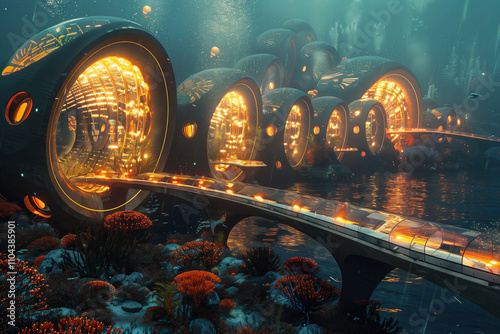 Futuristic underwater architecture with glowing elements. photo