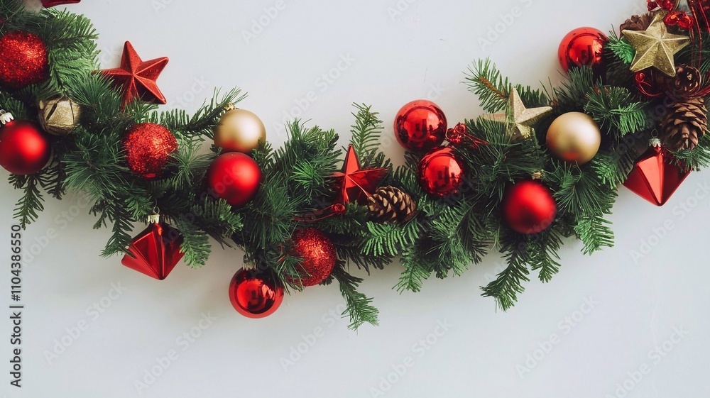 Festive Pine Garland with Red and Gold Ornaments on White Background. New Year or Christmas concept Festive Pine Garland with Red and Gold Ornaments on White Background. New Year or Christmas concept