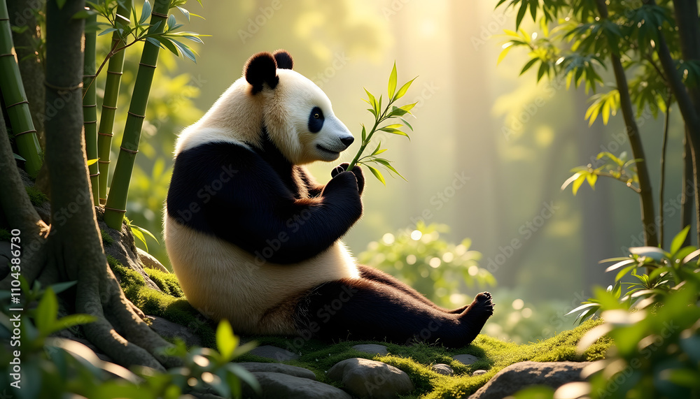 Fototapeta premium A giant panda bear whose fur is a delicate combination of white and black is perched comfortably on a natural rock ledge.