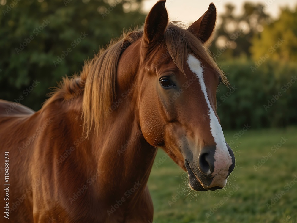 Naklejka premium Chestnut horse yawning in soft evening sunlight.