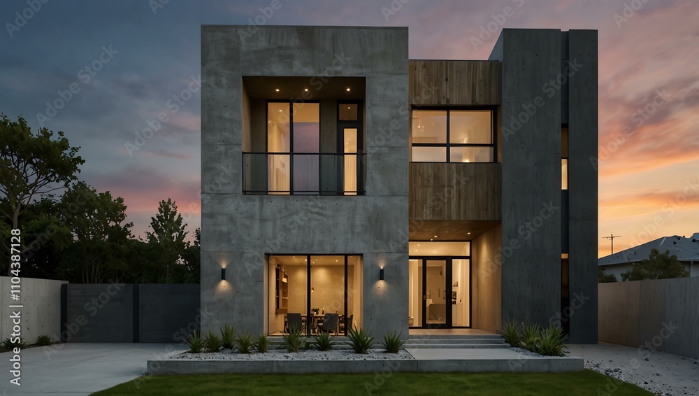 Chic front home with a raw concrete facade and modern design elements. Chic front home with a raw concrete facade and modern design elements.