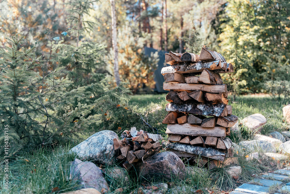 Firewood stacked outdoors. Camp firewood on nature Firewood stacked outdoors. Camp firewood on nature