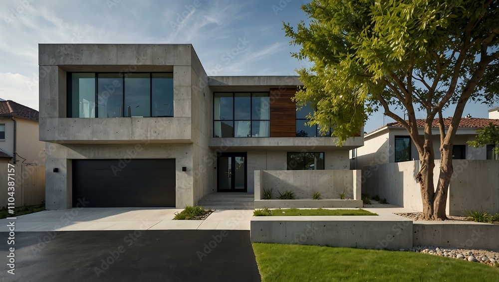 Chic front home with a raw concrete facade and modern design elements. Chic front home with a raw concrete facade and modern design elements.