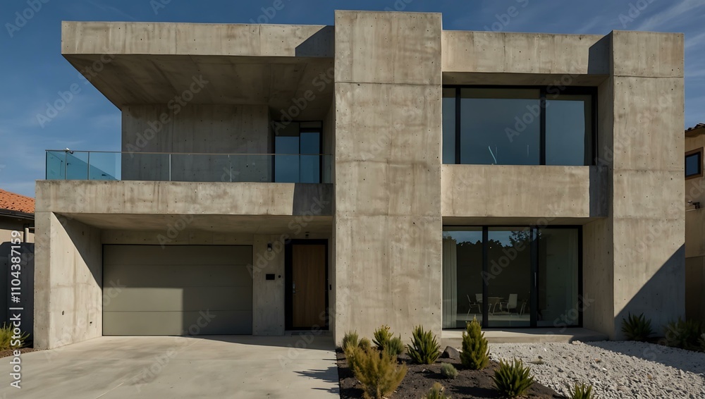 Chic front home with a raw concrete facade and modern design elements. Chic front home with a raw concrete facade and modern design elements.