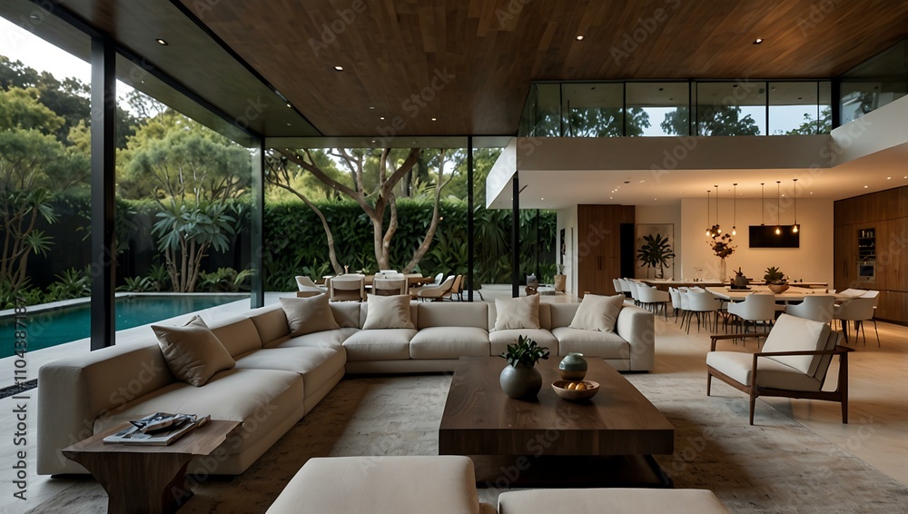 Fototapeta premium Chic living room with seamless indoor-outdoor flow.