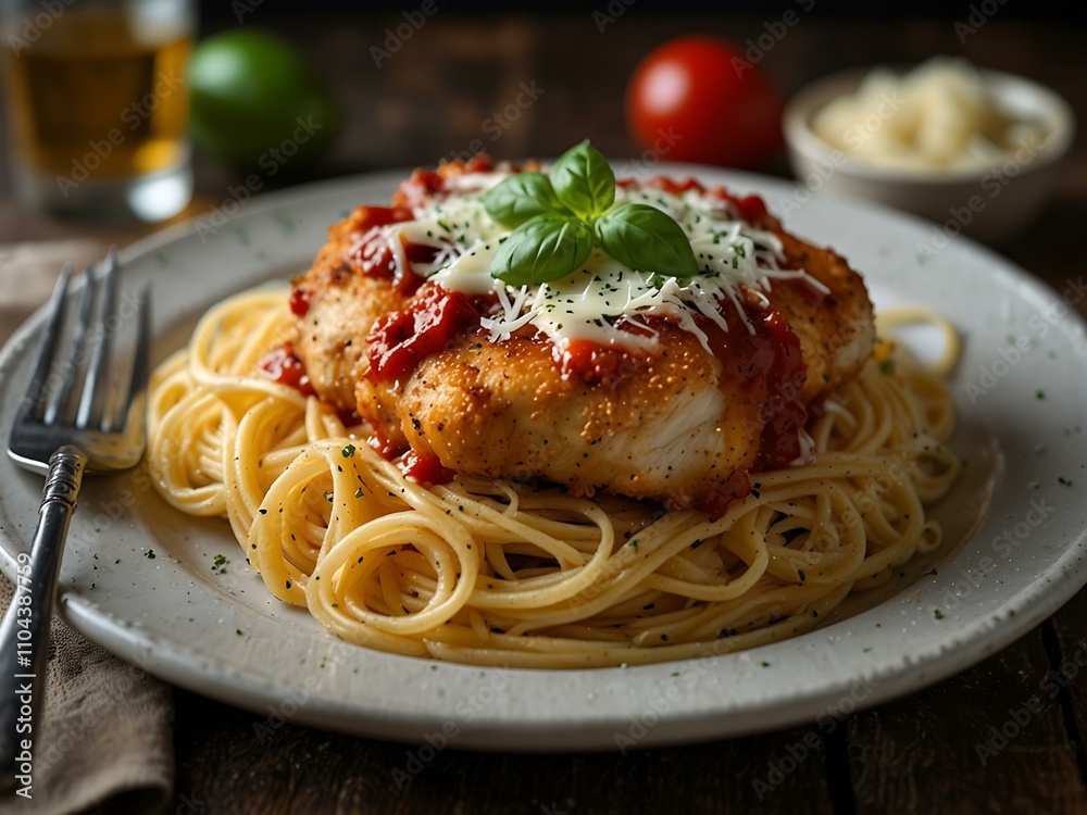 Fototapeta premium Chicken parmesan served with spaghetti.