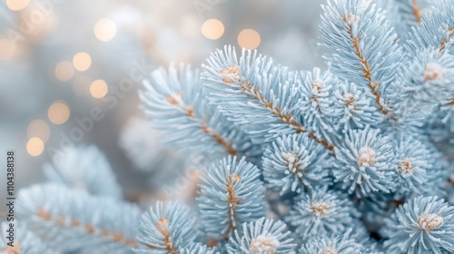 Close-up of frosted blue pine branches with bokeh lights.