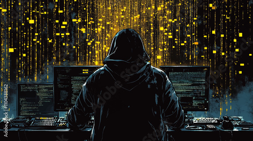 Cybercrime, hacker and thinking at computer for virus, overlay and futuristic at desk. Male criminal, hoodie and ready for coding, cyber attack and programming for malware with tech, scam and data