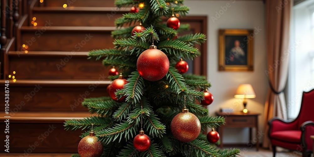 Decorated Christmas tree with red ornaments in cozy interior Decorated Christmas tree with red ornaments in cozy interior