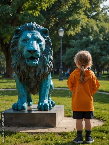 Child looking at a lion statue in Krasna Lipa's park. photo