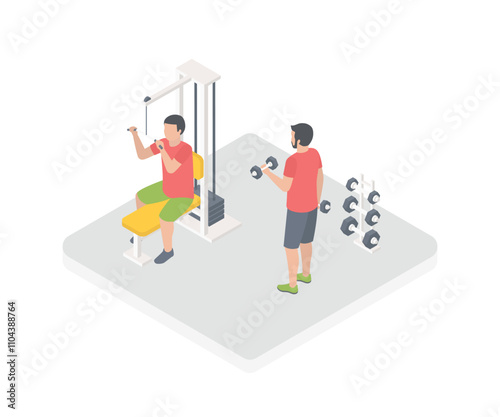People are doing sports isometric 3D vector illustration. Gym concept with sports equipment.