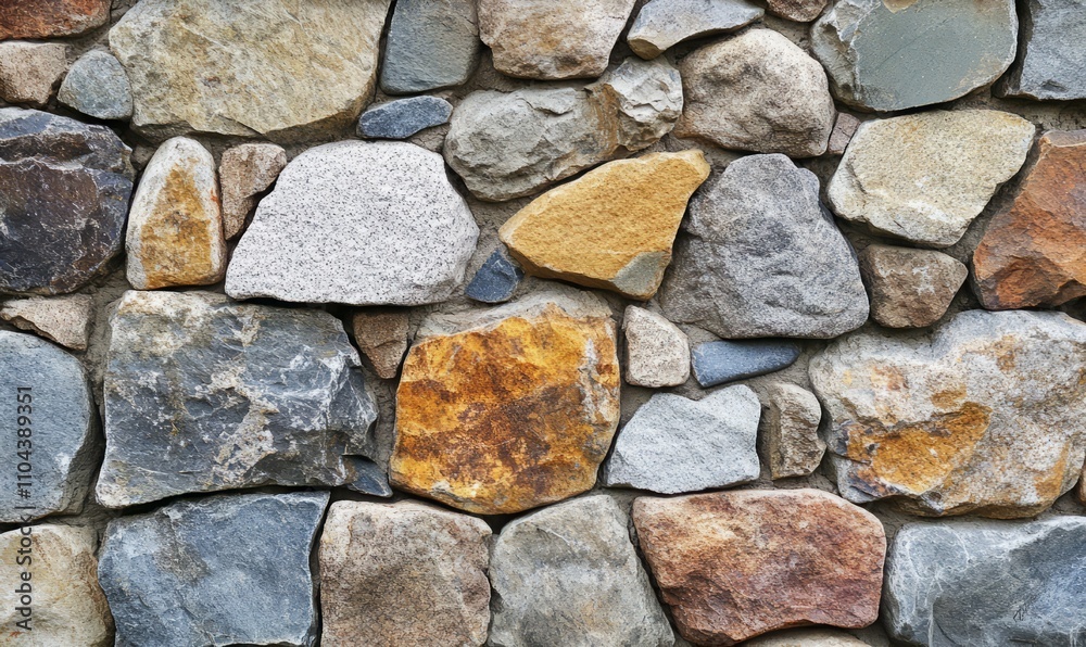 This image displays a rustic stone wall featuring a complex pattern of stones in different colors and shapes, revealing the artistry in construction techniques This image displays a rustic stone wall featuring a complex pattern of stones in different colors and shapes, revealing the artistry in construction techniques
