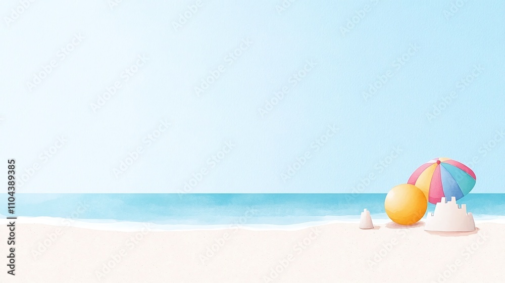 Obraz premium Sunny beach with colorful umbrella, bright sand and ocean waves, minimalistic summer illustration, playful coastal scene, cheerful vacation vibe, copy space for text
