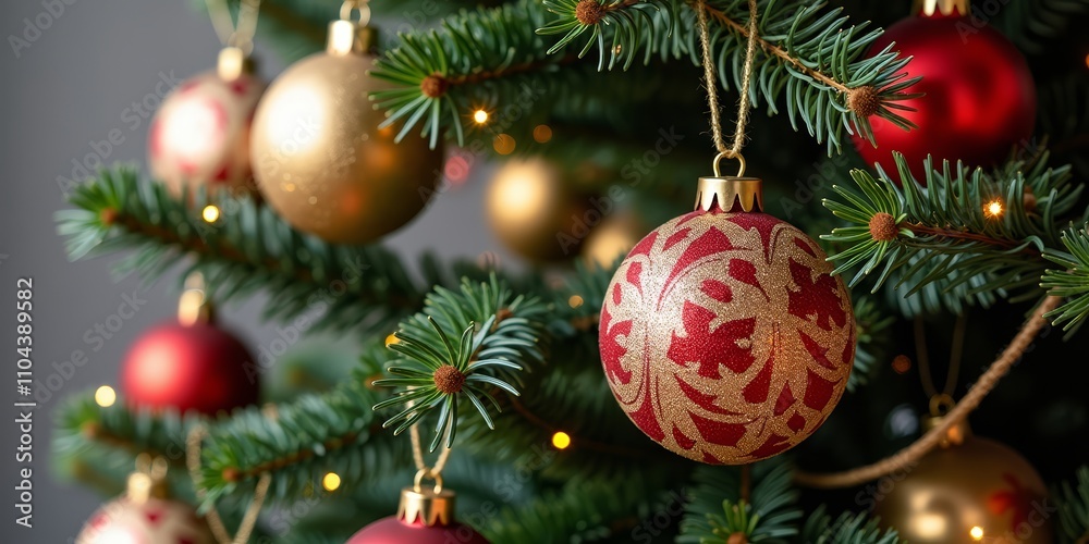 Festive Christmas ornaments on pine tree with lights Festive Christmas ornaments on pine tree with lights