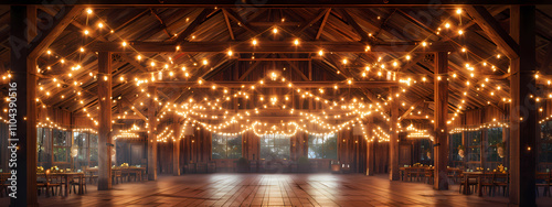 A beautifully decorated indoor venue with warm string lights and rustic wooden decor, perfect for weddings or events.