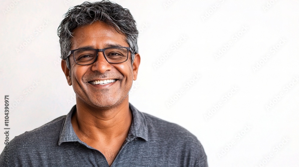 Fototapeta premium Smiling man with glasses wearing a grey shirt against a light background