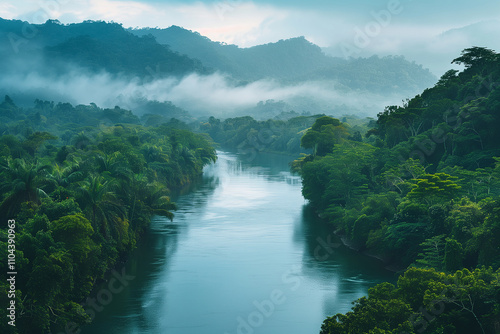 Serene river landscape surrounded by lush greenery. photo