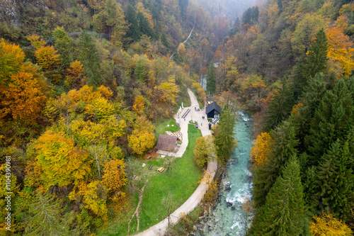 Drone aerial view of Tourists visiting logar valley landscape park in autumn. Radovna valley Vintgar gorge slovenia