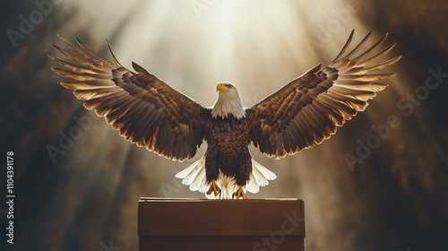 A symbolic scene of an eagle soaring above a ballot box, representing democracy and freedom. photo