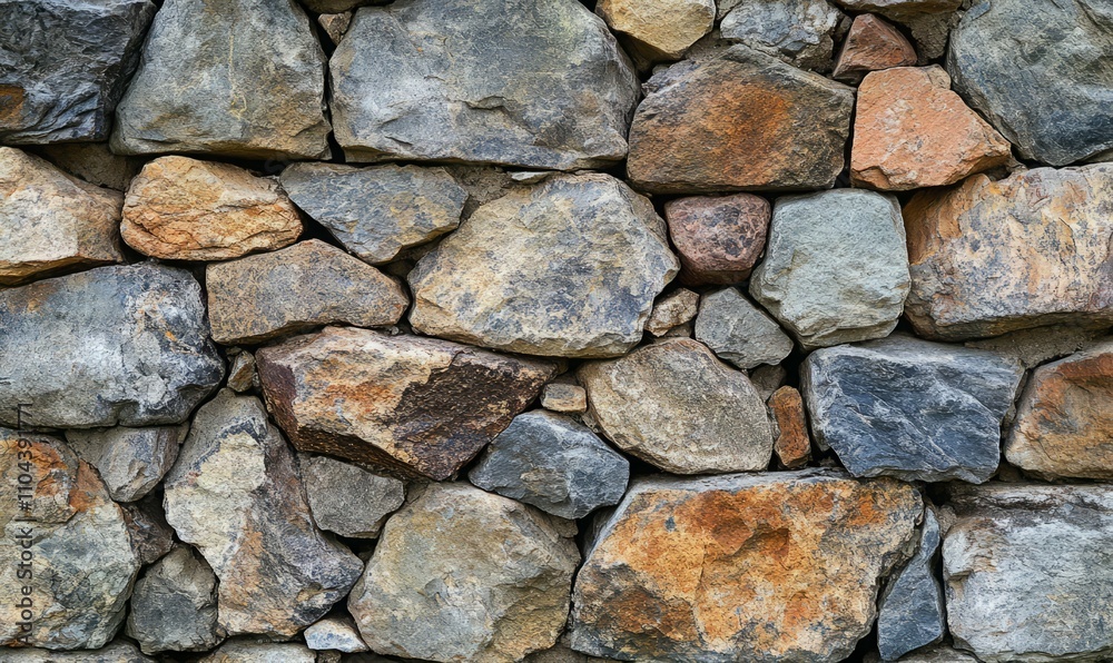 This image displays a rustic stone wall featuring a complex pattern of stones in different colors and shapes, revealing the artistry in construction techniques This image displays a rustic stone wall featuring a complex pattern of stones in different colors and shapes, revealing the artistry in construction techniques