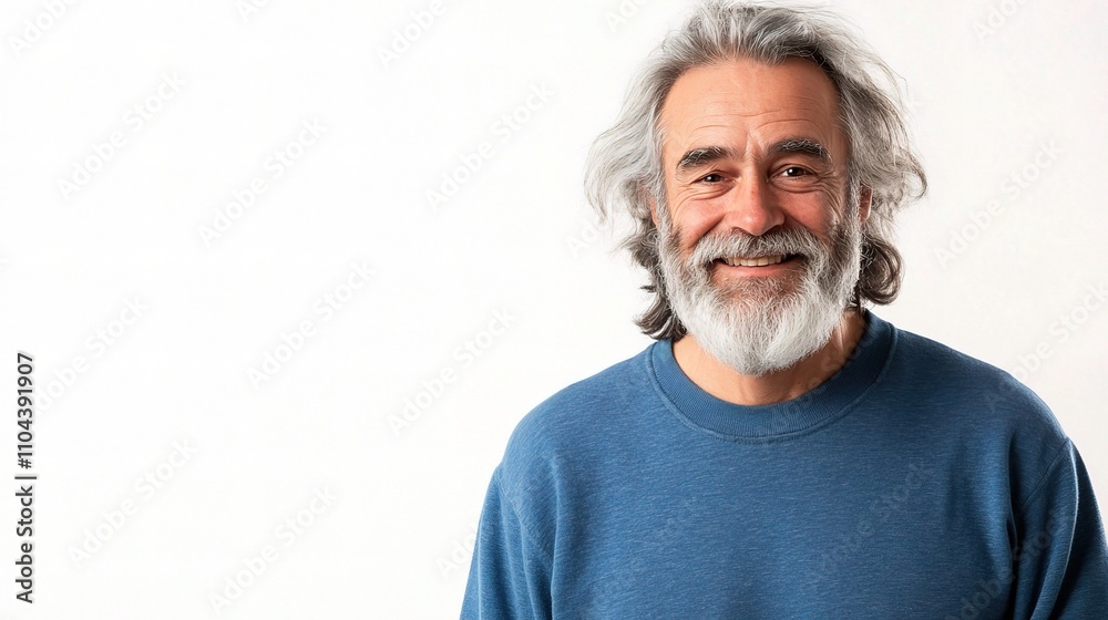 Smiling Older Man with Gray Hair and Beard in Casual Sweater Smiling Older Man with Gray Hair and Beard in Casual Sweater