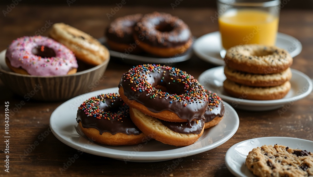 Chocolate donut, cake, and delicious cookies, perfect for breakfast. Chocolate donut, cake, and delicious cookies, perfect for breakfast.